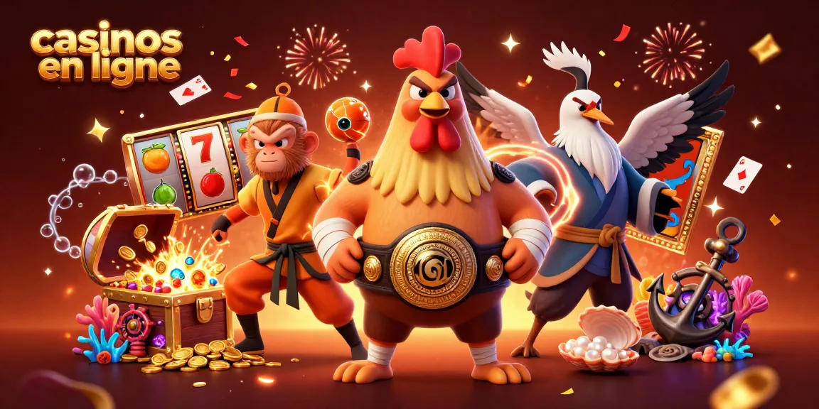 Les casinos en ligne offrent une illustration dynamique avec un coq de Muay Thai, un singe Shaolin et une grue maître entourés d'éléments de jeu.