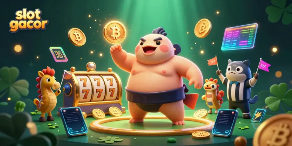 Gambarlah slot gacor dalam ilustrasi 3D dengan fugu sumo di arena bawah laut dan elemen kasino.