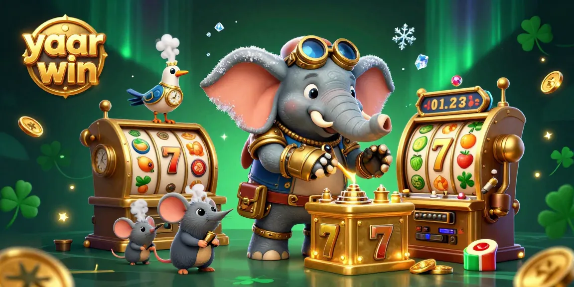 Experience the excitement of yaar win with a steampunk elephant operating a vibrant golden slot machine.