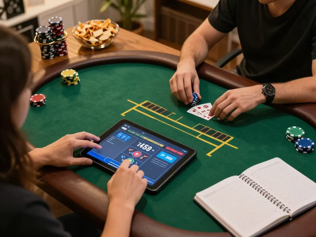 Engaging in a strategic poker game on 58win from a cozy home setup, showcasing a tablet interface and gaming atmosphere