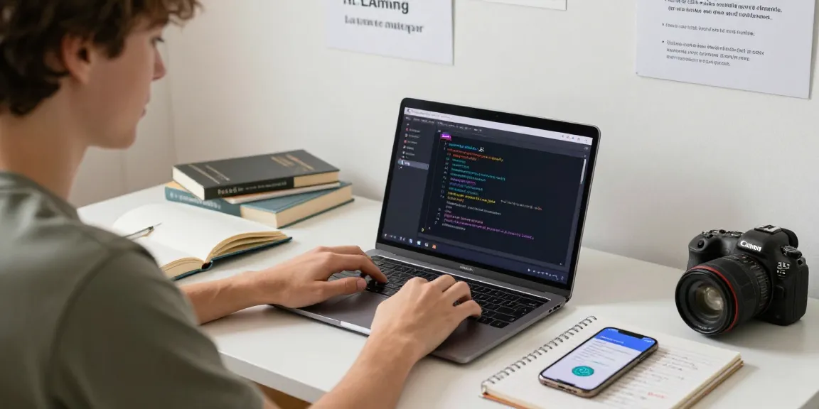 Learn React JS from scratch in a cozy online learning environment with a young adult coding on a laptop.