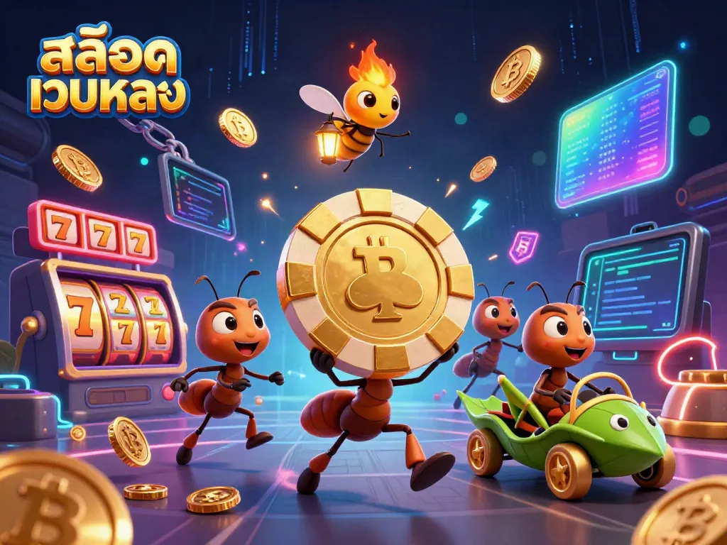 Engage in สล็อตเว็บตรง excitement with cartoon ants on a heist, showcasing vibrant game elements.