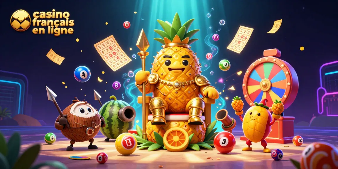 Emportez-vous dans l'univers du casino français en ligne avec un roi ananas doré sur son trône entouré de jeux captivants.