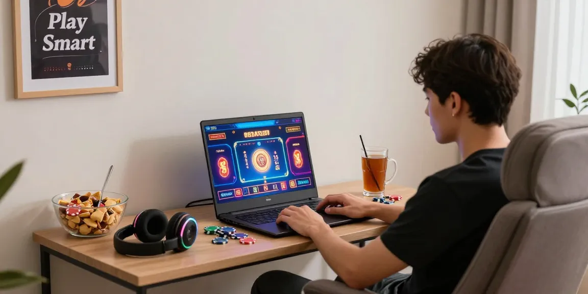Player engaging in online casino game with slot deposit dana, cozy gaming setup with snacks and motivational decor.