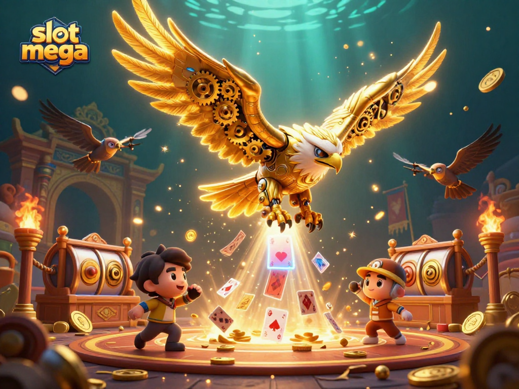 Experience the thrill of slot mega gameplay with a stunning 3D illustration depicting a golden eagle soaring among dynamic gaming elements.