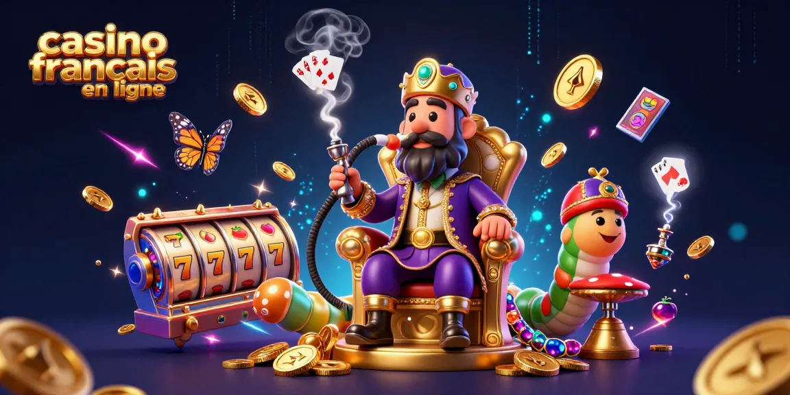 Illustration captivante représentant un casino français en ligne avec des éléments de jeux, des symboles de poker, et un maître de chicha.