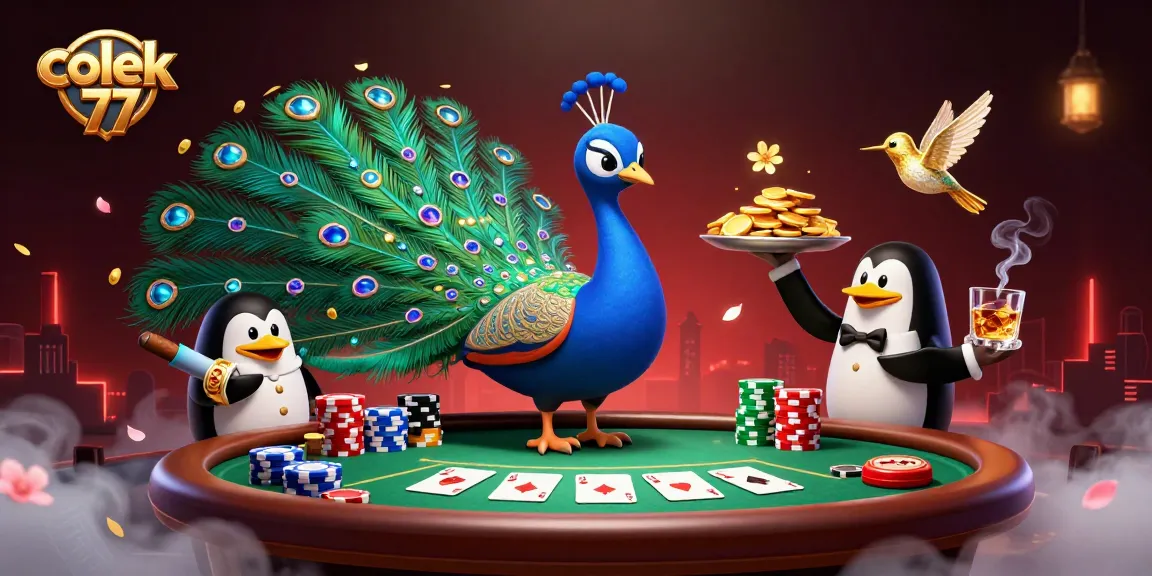 Engage with colek 77 at a vibrant poker scene featuring a peacock, penguin, and hummingbird.