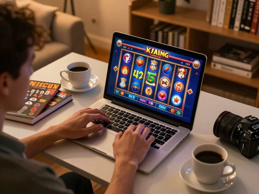 Playing king slot on a laptop at home, showcasing cozy gaming experience and strategy notes.