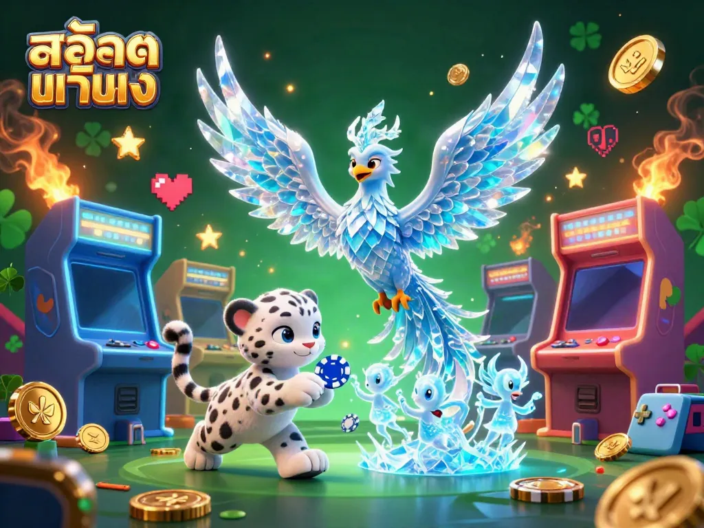 Experience สล็อตแท้ตรง with a charming 3D phoenix and ice-themed gaming scene.