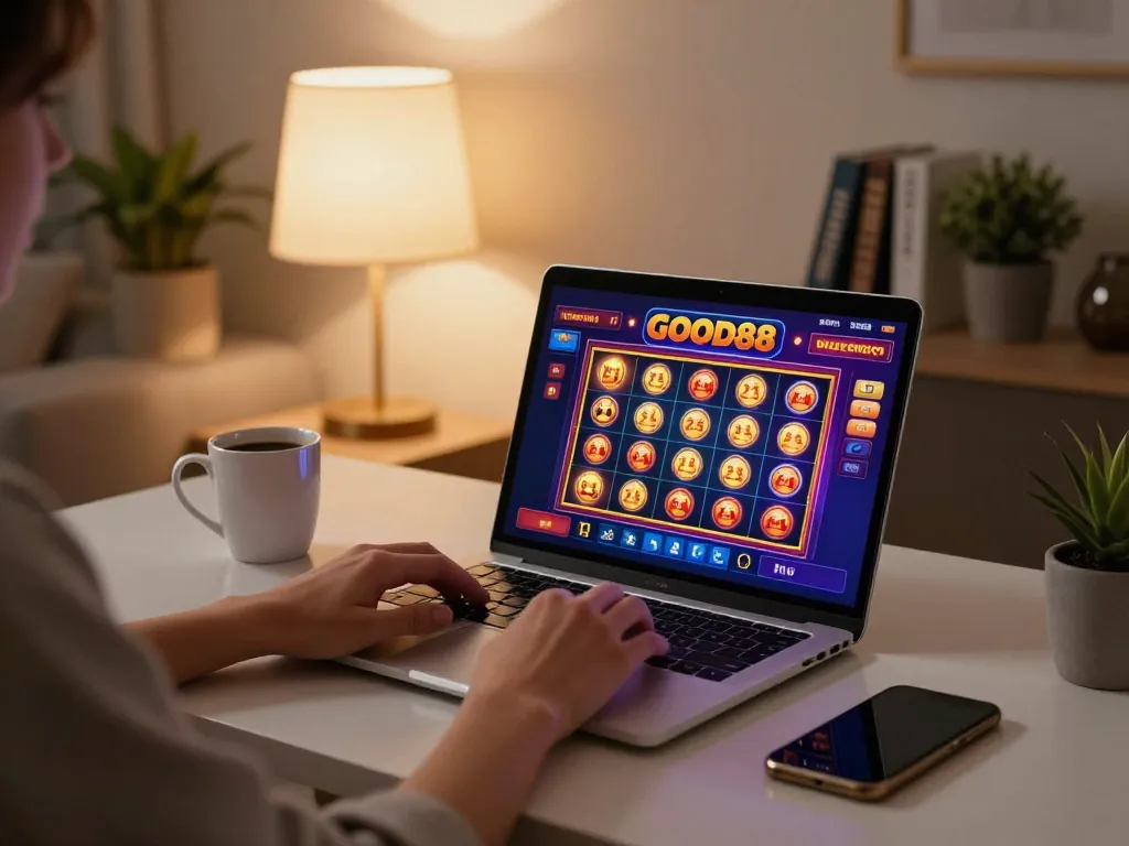 Engaging scene of a player exploring GOOD88's online slots for responsible gaming.