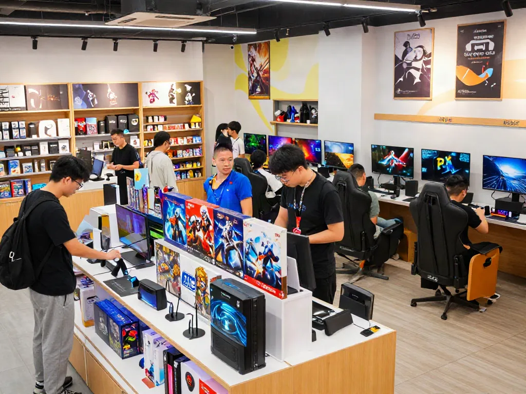 Engaging shopping experience at rokok88 game store featuring diverse customers exploring gaming products and enthusiastic staff assistance