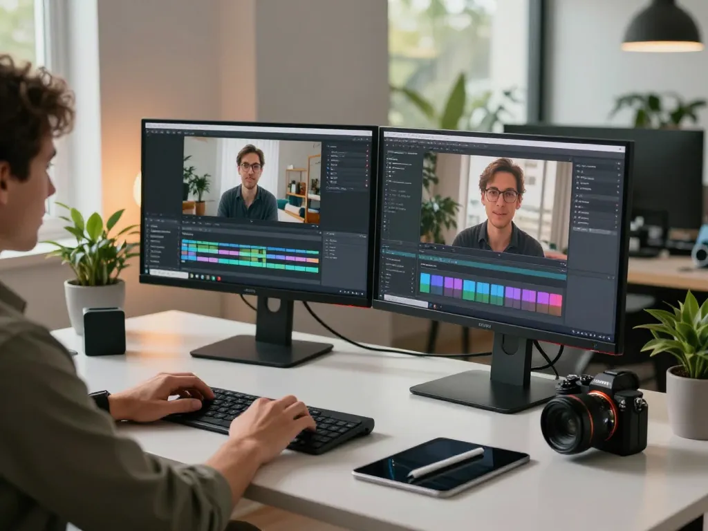 Person converting video to prompt in a modern workspace with dual monitors and creative atmosphere.