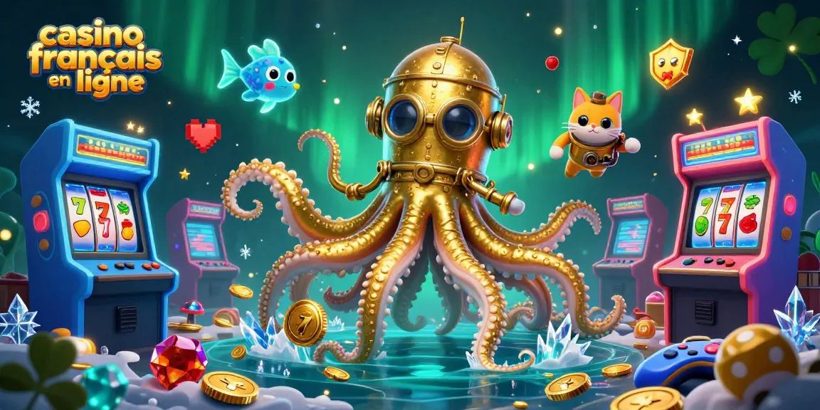 Capturer l'excitation d'un casino français en ligne avec des personnages de jeu, machines à sous et effets lumineux.