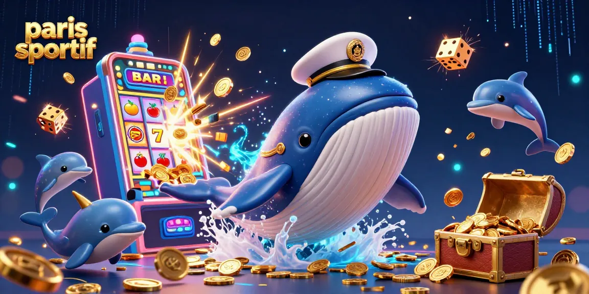 Pariez sur des paris sportifs avec une illustration dynamique d'une baleine géante entourée de jetons et de machines à sous.