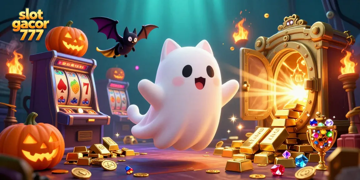 Experience the thrill of slot gacor 777 with vibrant characters and dazzling game elements in a haunted casino scene.