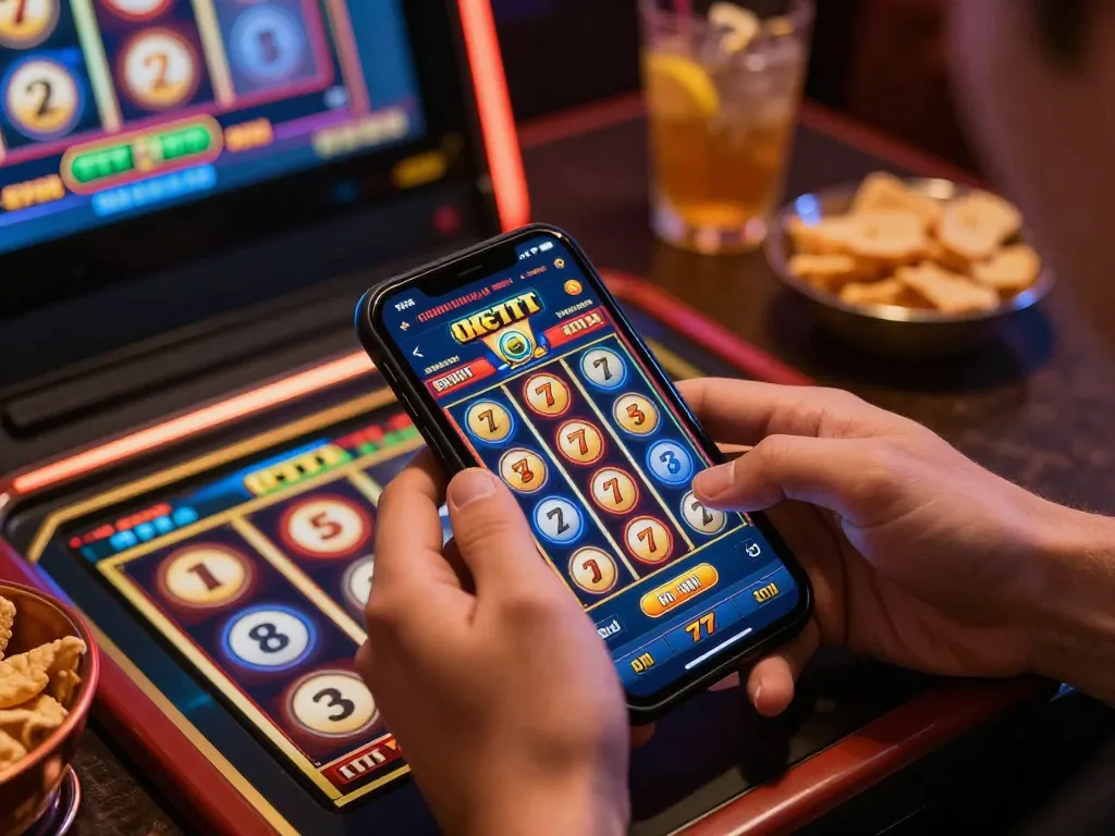 Engaging moment of playing slot77 app on smartphone, showcasing exciting spins and jackpot notifications.