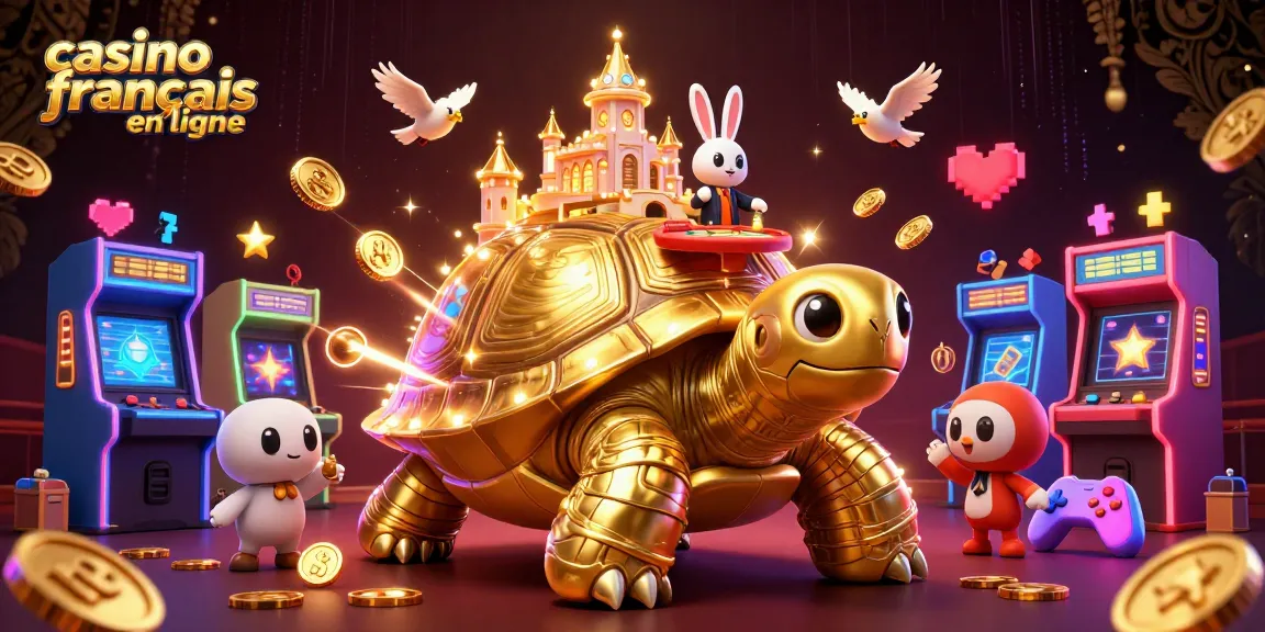 Jouez à des jeux captivants dans un casino français en ligne avec une tortue d'or et des machines lumineuses.