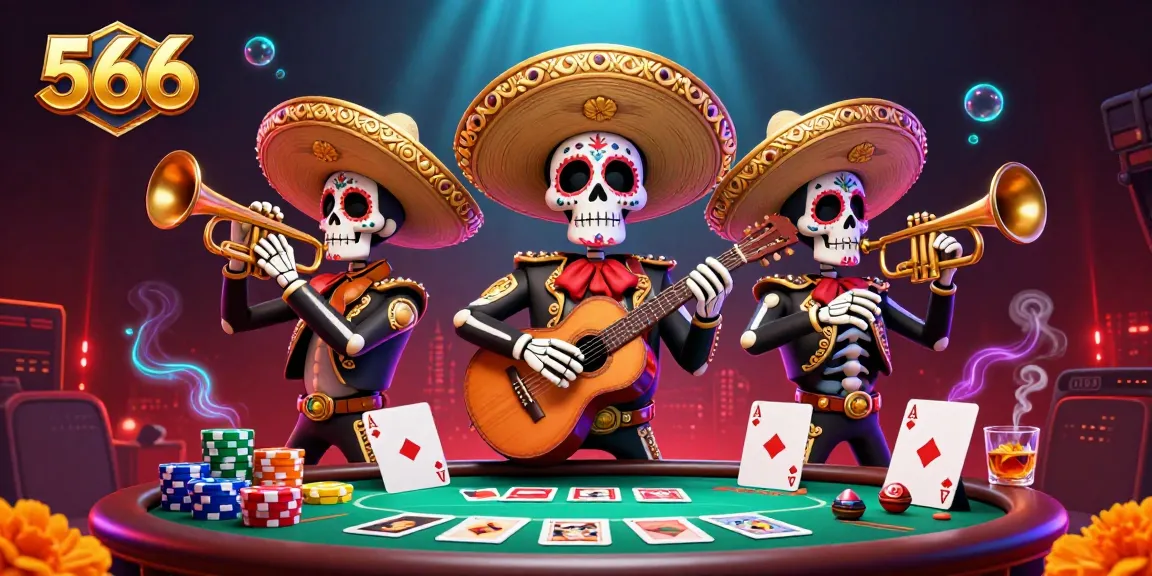 Experience thrilling poker action with 566's lively mariachi band illustration full of casino excitement.