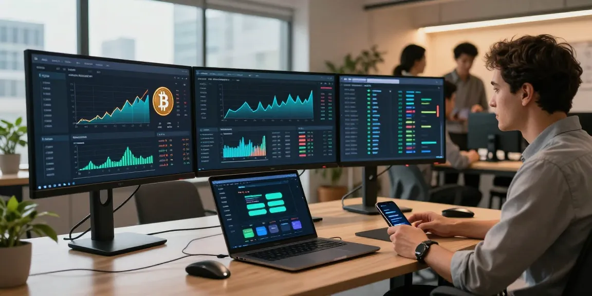 Regulated crypto mining platform displayed in an advanced tech workspace with real-time dashboards, emphasizing security and blockchain innovation.