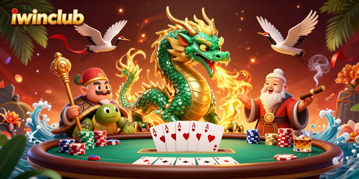 Engage in dynamic gameplay with iwinclub's vibrant casino scene featuring legendary creatures and poker elements.