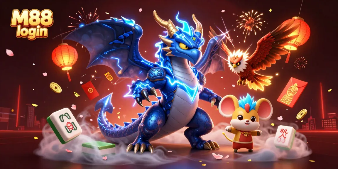 Engage in thrilling M88 login experiences with vibrant casino elements and dynamic characters.