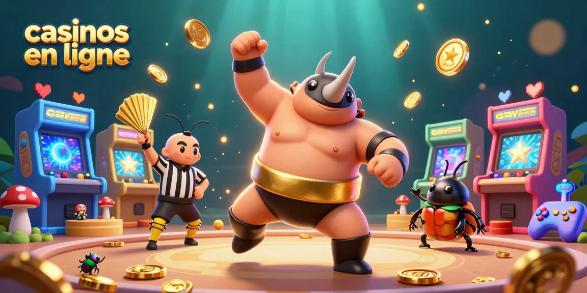 Jouez dans des casinos en ligne avec le héros scarabée sumo champion, entouré de machines de jeu colorées.