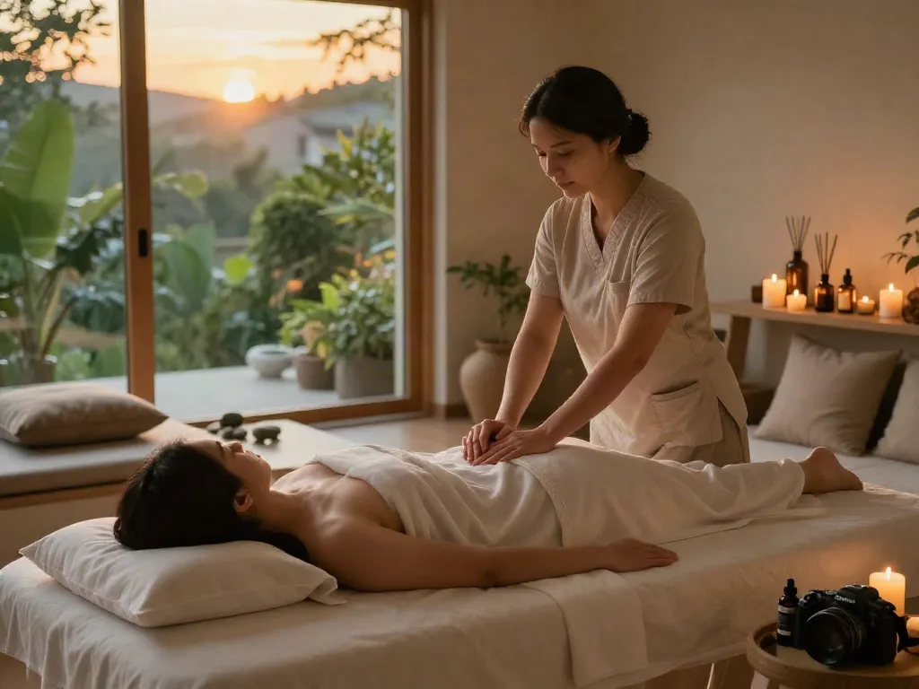 Relaxing 운서출장마사지 session in serene home spa environment with warm lighting.