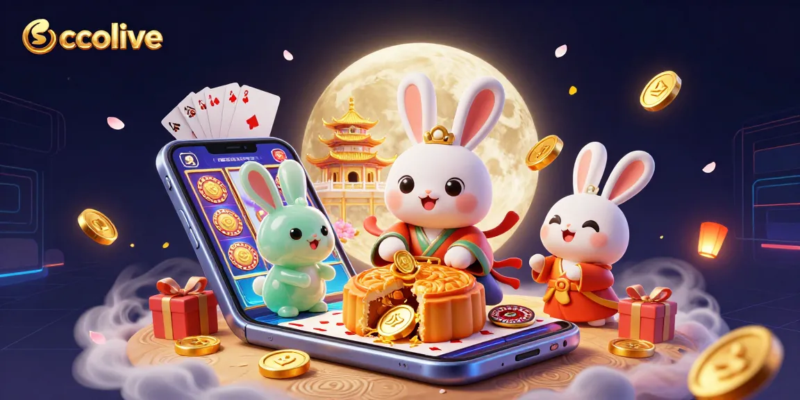 Socolive showcases a moon rabbit gaming scene with poker chips and slot games amidst vibrant elements.