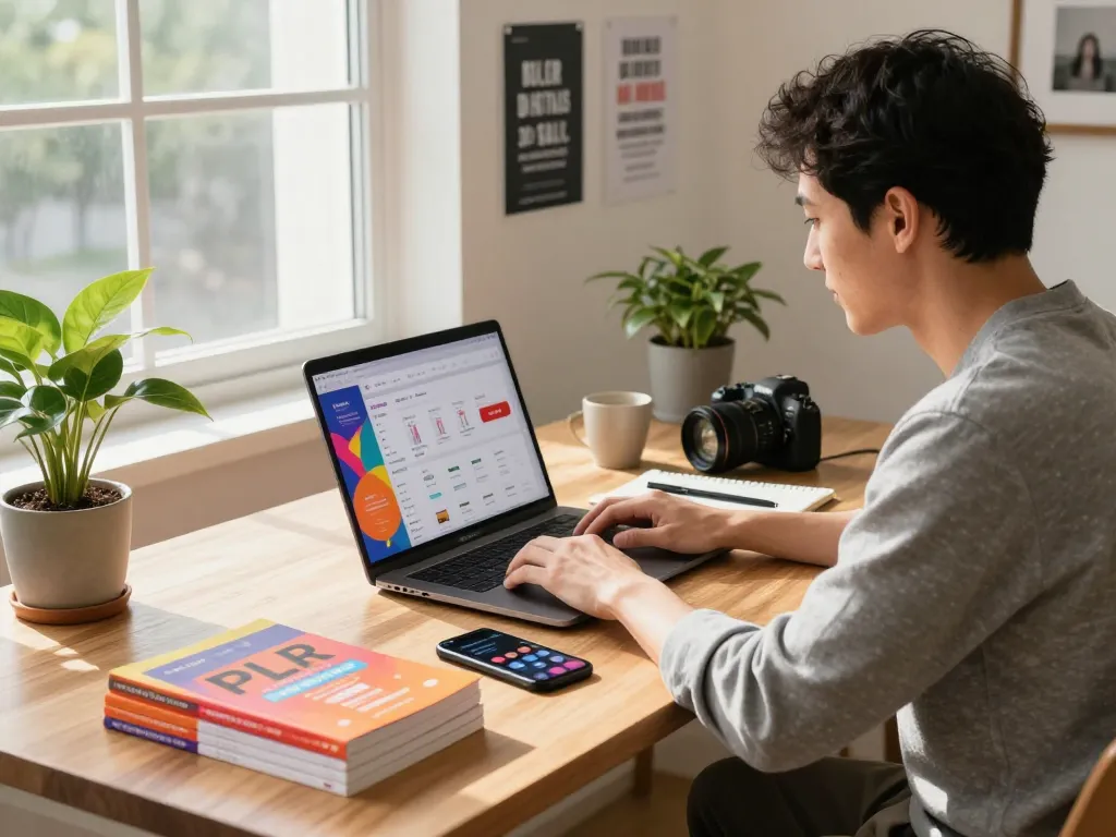 PLR Digital Products for Sale showcased in a vibrant ecommerce workspace.