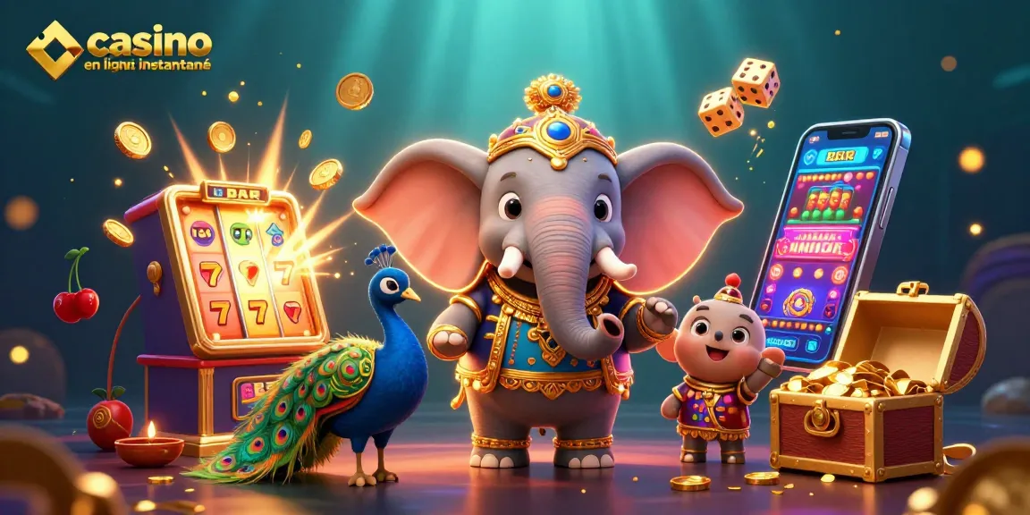 Jouez au casino en ligne retrait instantané avec des gains éclatants et un éléphant festif.