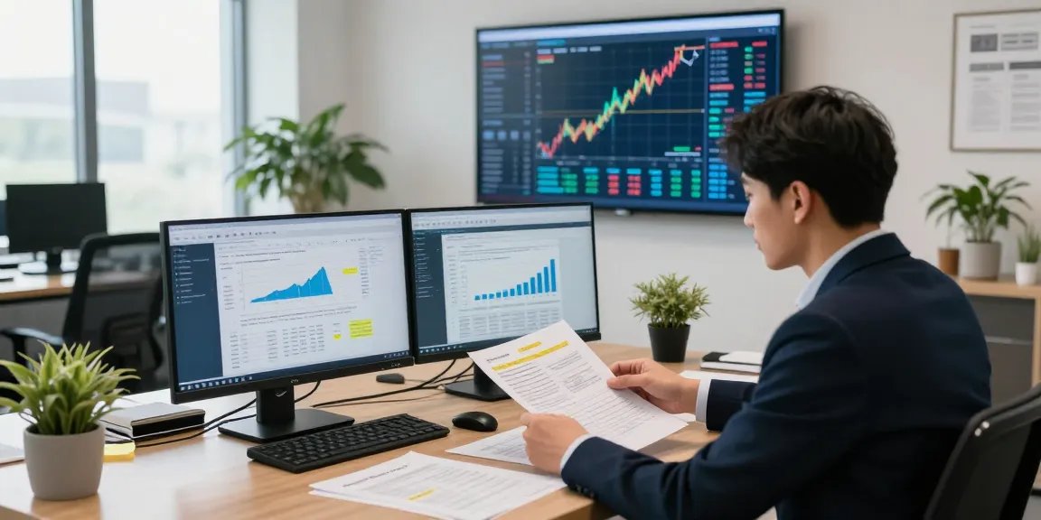Focused accountant conducting asset tracing analysis in a modern office, detailed financial documents on screen.