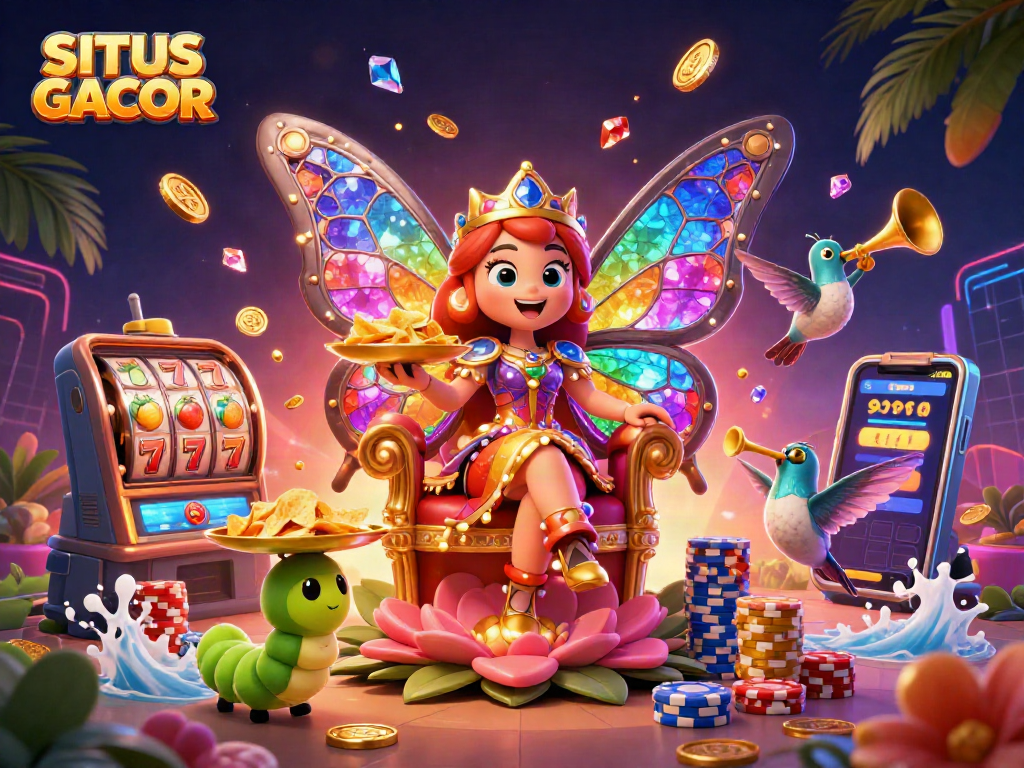 SITUS GACOR vibrant 3D illustration capturing the excitement of online slots with colorful gems and dynamic game elements
