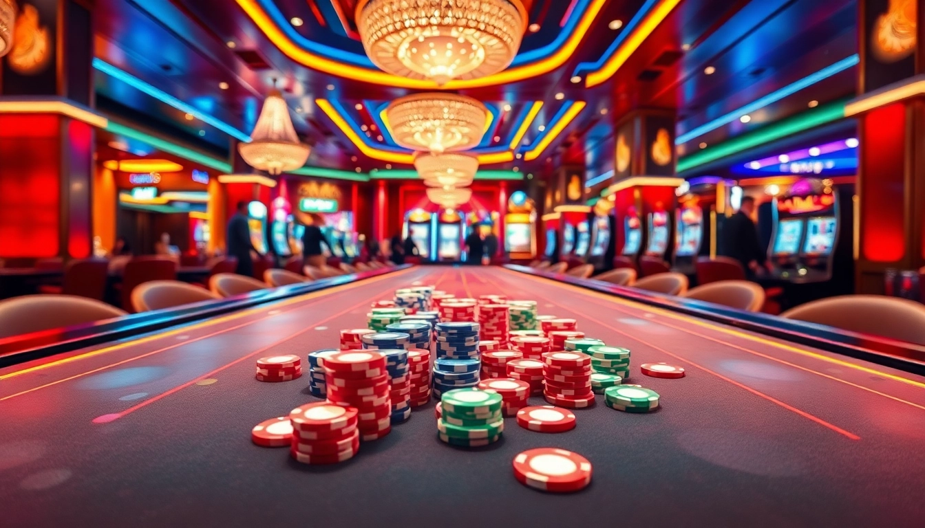 Bermain mole4d di meja kasino dengan chip berwarna-warni dan mesin slot yang bersinar.
