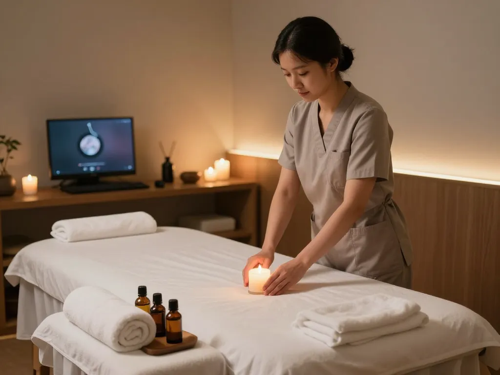 부천출장마사지 professional massage setup in a tranquil hotel room with oils and soft lighting.