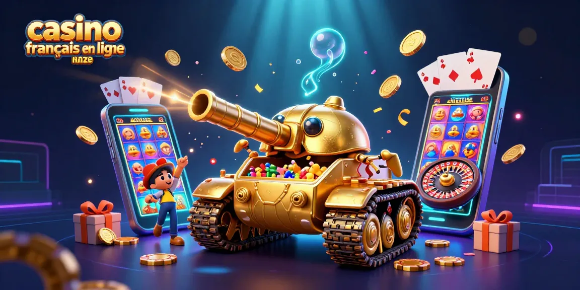 Illustration dynamique de casino français en ligne avec un tank-bête rempli de jeux et de richesses scintillantes.