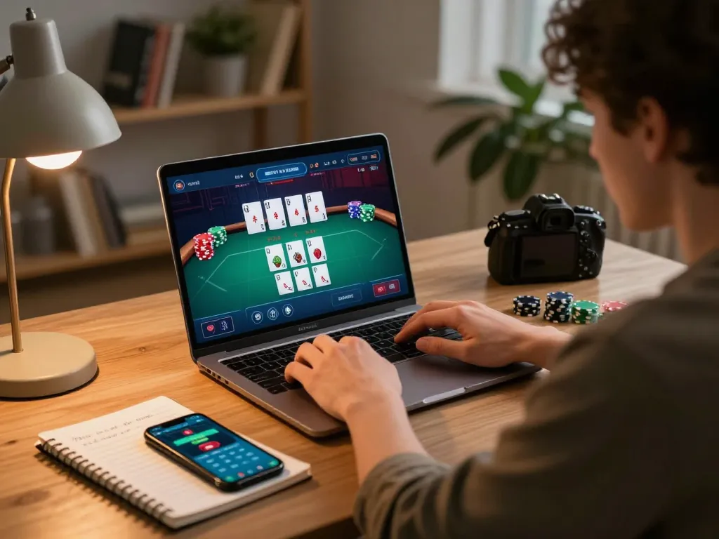 Engaged player navigating fah999 online poker setup, showcasing strategic gameplay in a cozy environment.
