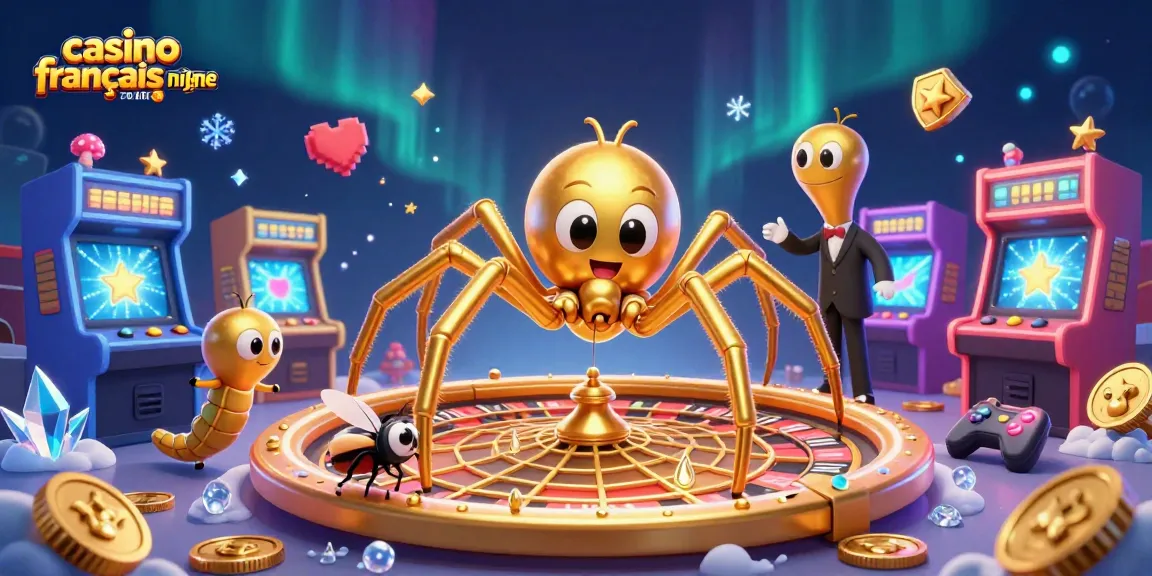 Découvrez l'interface animée du casino français en ligne avec une araignée dorée et un croupier centipède.