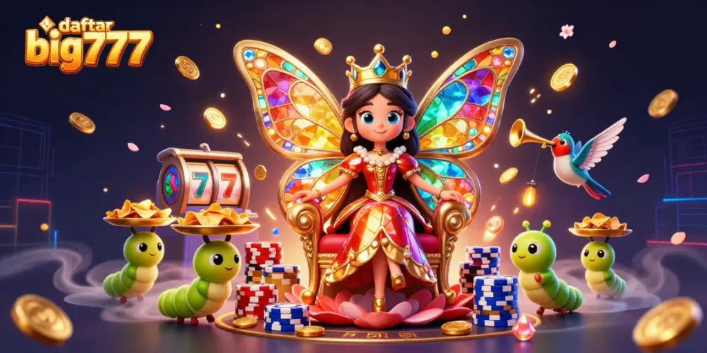 Experience the vibrant world of daftar big777 with a butterfly queen and her playful minions in a casino setting.