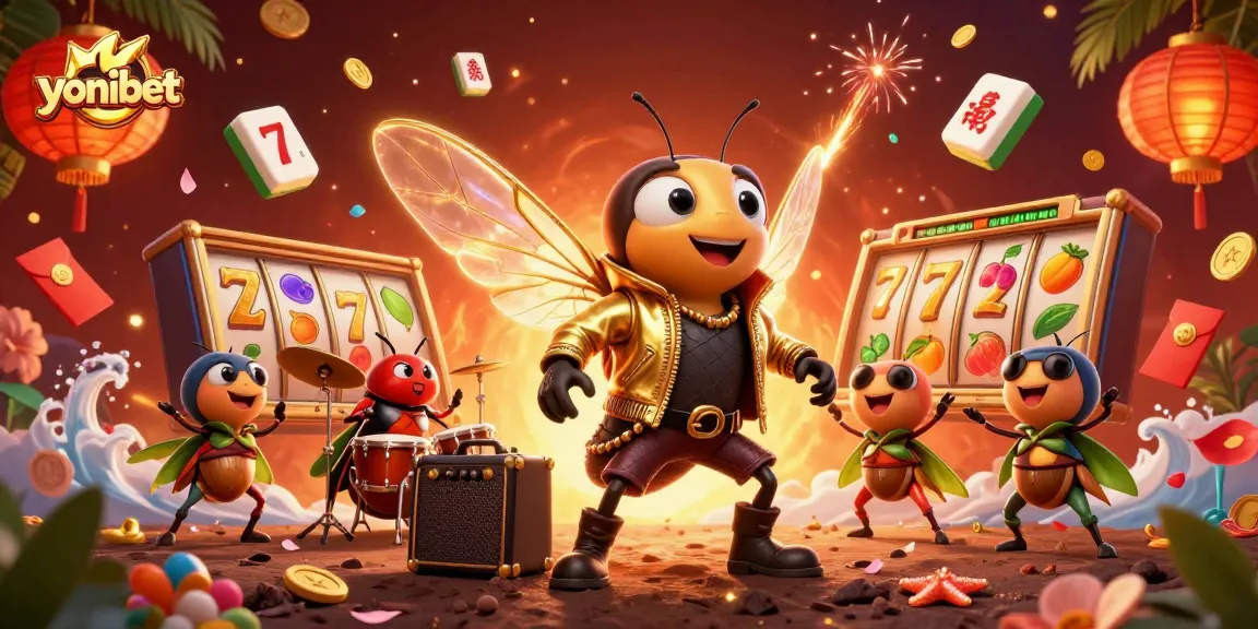 Experience thrilling games at yonibet with a lively 3D casino scene featuring a rock star cicada.