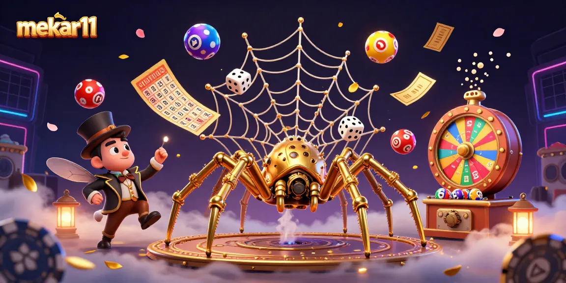 Mekar11 offers thrilling gaming experiences, highlighted by a golden spider and colorful lottery elements.