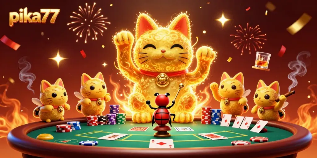 Engage with thrilling gameplay at pika77, surrounded by vibrant poker elements and a giant lucky cat.