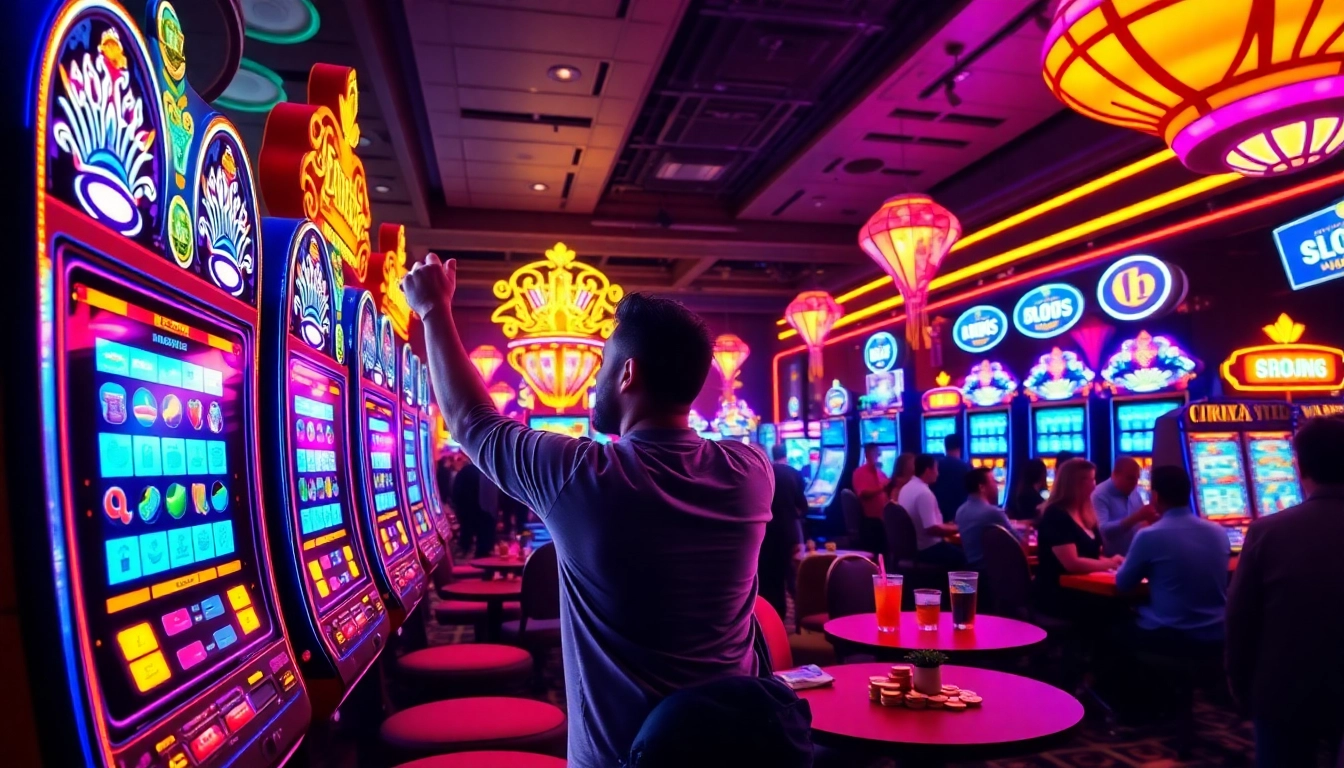 Slot777 menang di mesin slot yang berwarna cerah dan penuh semangat di kasino.
