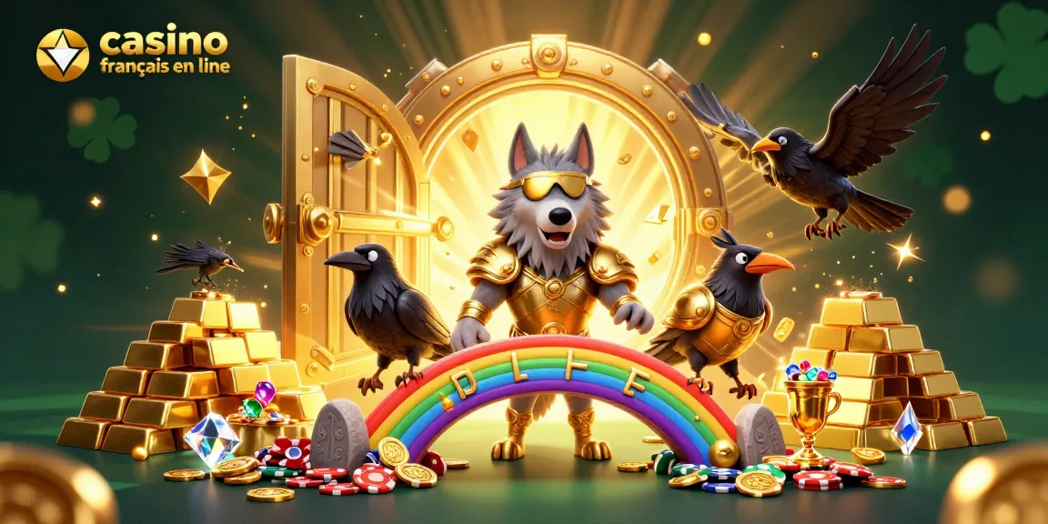 Plongez dans l'action des jeux de casino français en ligne avec un loup Odin et deux corbeaux sur un pont arc-en-ciel en jetons.