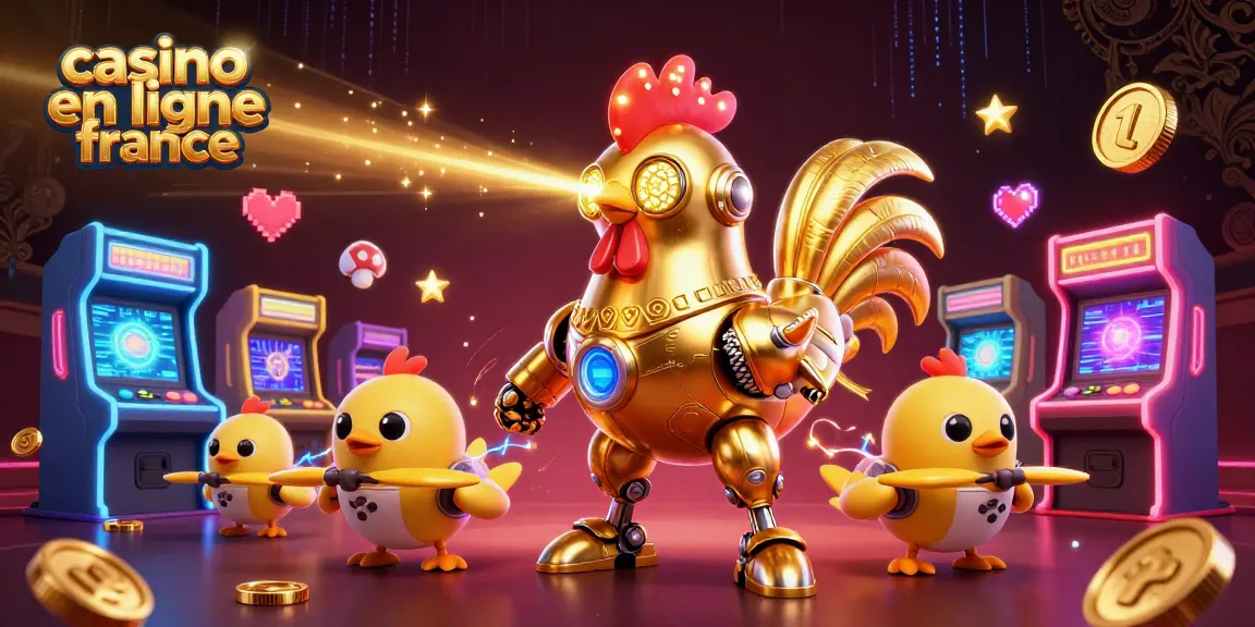 Jouez avec le meilleur casino en ligne en France, représentant un robot en or et des drones mignons, sur une scène dynamique remplie de jeux d'arcade colorés.
