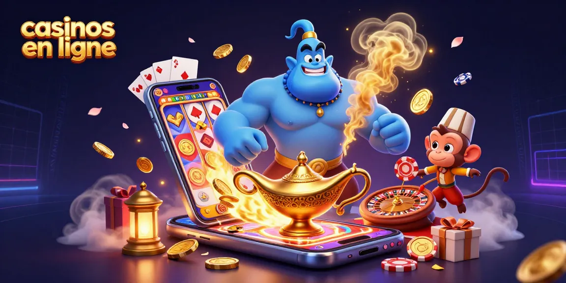 Gagnez avec les casinos en ligne dans cette illustration dynamique et colorée de machines à sous et cartes.