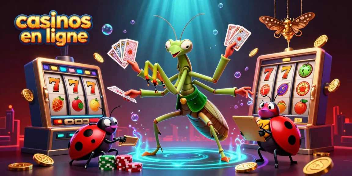 Affrontez les casinos en ligne avec cette illustration captivante d'un mantis et d'un croupier.