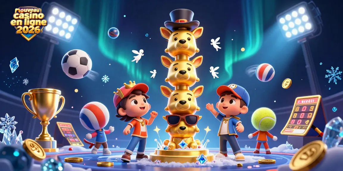 Découvrez le nouveau casino en ligne 2026 avec des personnages de jeux d'argent et des éléments sportifs animés.