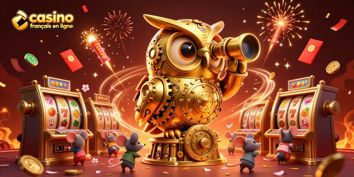 Illustration dynamique d'un casino français en ligne avec une chouette dorée et des souris jouant aux machines à sous.