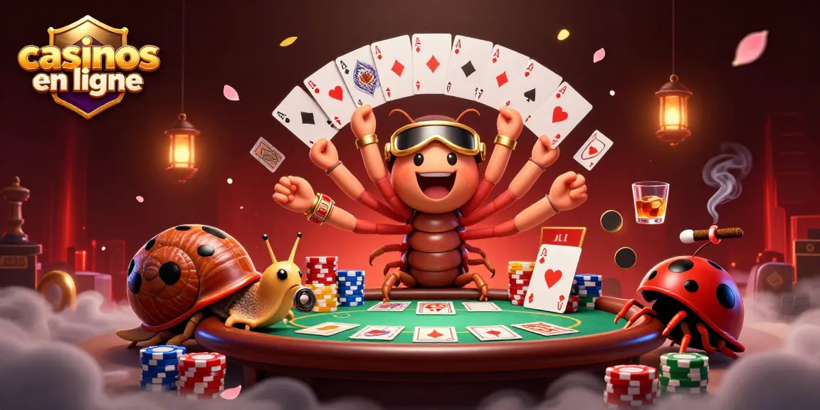 Jouer aux casinos en ligne avec un dealer millipède et un escargot très haute mise entourés de jetons.