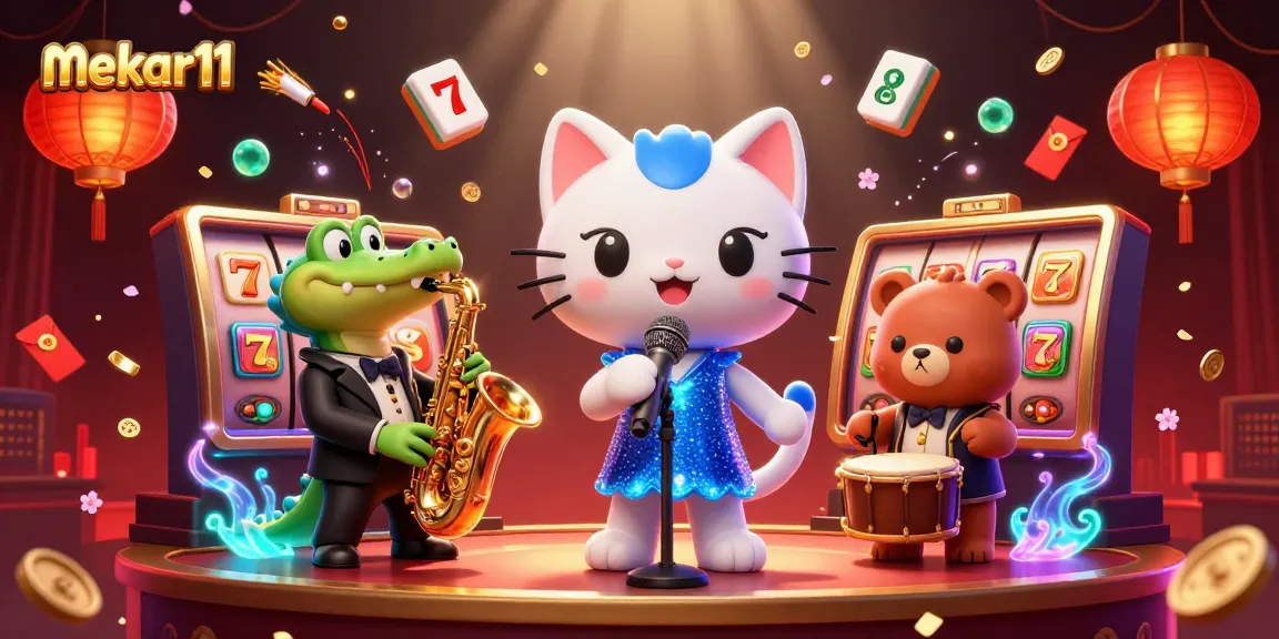 Engage in exciting gameplay at mekar11 with vibrant visuals of animated casino characters and slot elements.